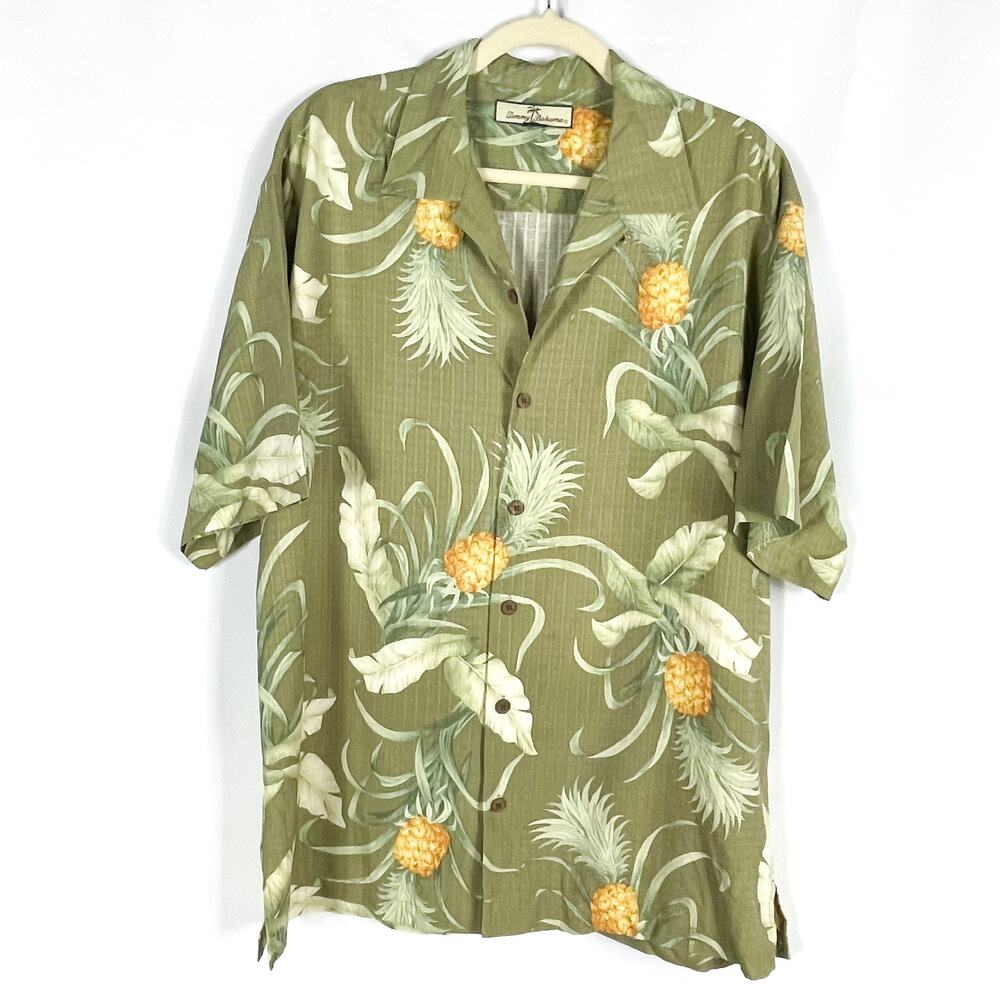 Tommy Bahama Silk Shirt Green Hawaiian Pineapple Button Short Sleeve Sz M Men's‎